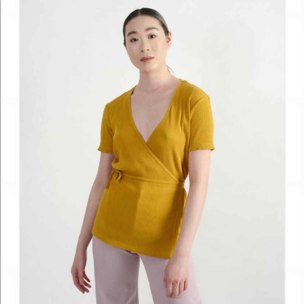 MEG SHOP Ribbed Wrap Tee in Mustard